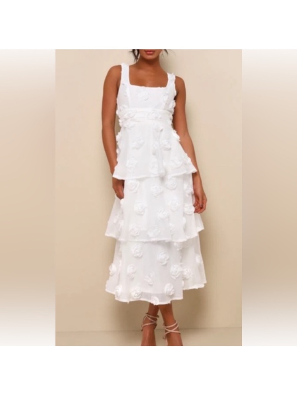 Lulus Exceptional Entrance White Sleeveless Tiered Rosette  Dress medium